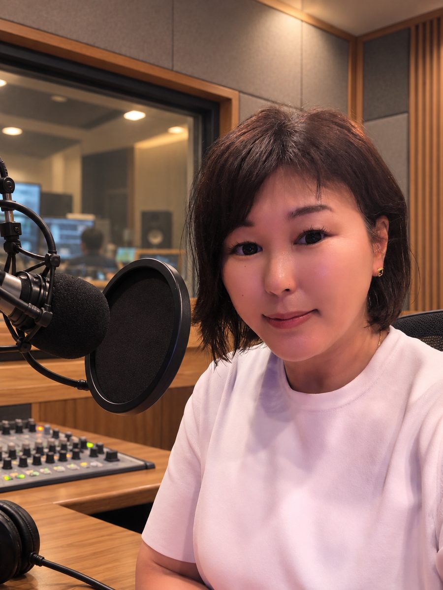 ラジオの収録ブースでマイクの前に座る佐伯桃子（イメージ）
