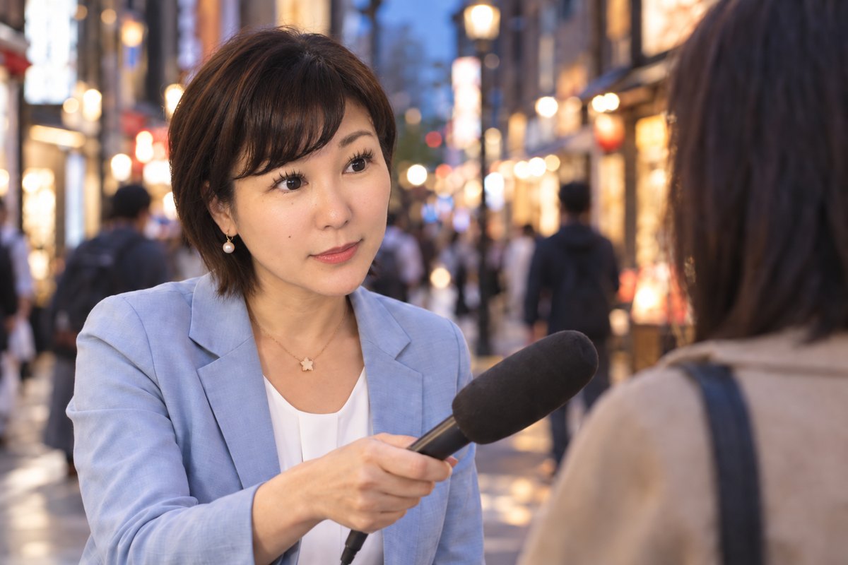街頭でマイクを向けてインタビューする佐伯桃子
